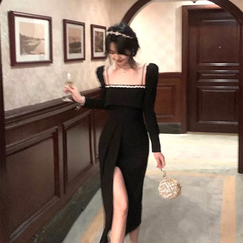 Autumn Black Hepburn Vintage Dress Women Sexy Split Party Midi Dress Female Casual Korean Fashion Elegant One Piece Dress 2022