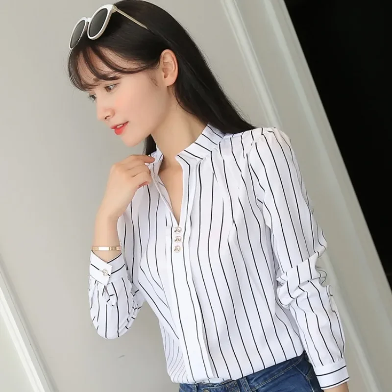 2024 Spring and Autumn New Casual Striped Long Sleeve Shirt Loose White Stand Collar Top Women Shirt Blouse