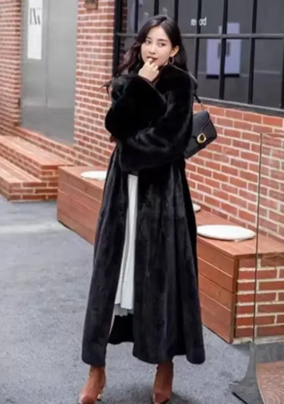 

Women Thick Maxi Jacket Y2k Autumn Winter Belt Faux Fur Maxi Coat Long Warm Luxury Belt Fur Black Parkas Furry Outerwear