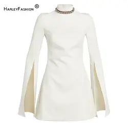 New Arrival 2024 Spring Lady Formal Wear Slit Long Sleeve Beading Round Collar Women Solid Short Mini Dress