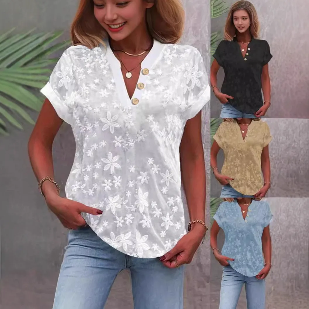 

Summer Women's Clothing High Quality Slim Fit V Neck Short Sleeve Blouse For Woman Elegant Casual Polyester 3D Effect Top