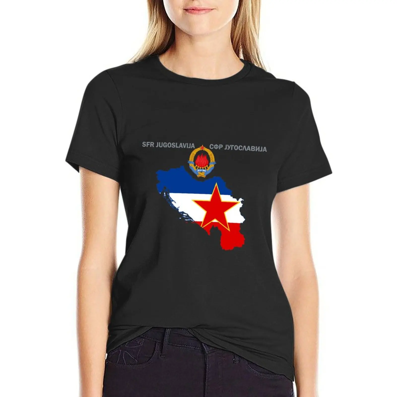 

SFR Yugoslavia - Map - Emblem - Flag T-Shirt lady clothes cute clothes blacks cat shirts for Women