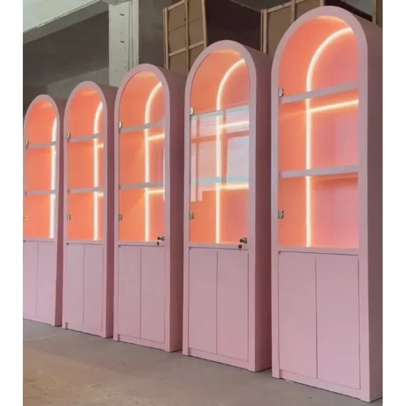 custom.Simple Special-shaped Solid Wood Display Cabinet Disassembly Feature Commercial Custom Paint Background LED Lights Be