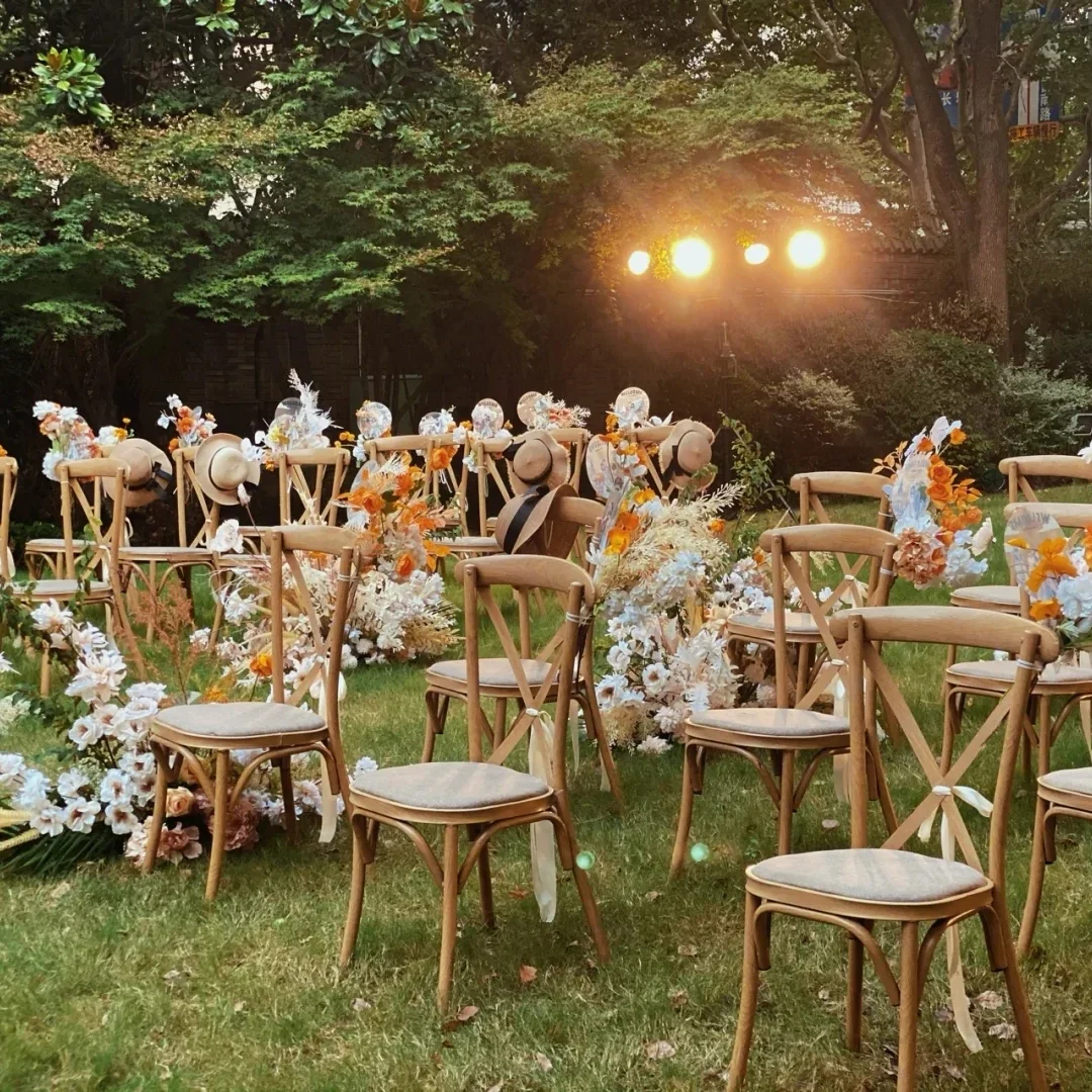 Hot sale wholesale wedding party wooden stackable KD cross back bentwood chair  with rattan cushion and solid wood seat