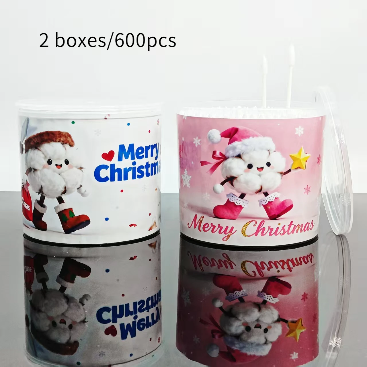 600개 크리스마스 테마 양면 둥근 끝 성인용 면봉, 창의적인 크리스마스 요소 면봉 스틱