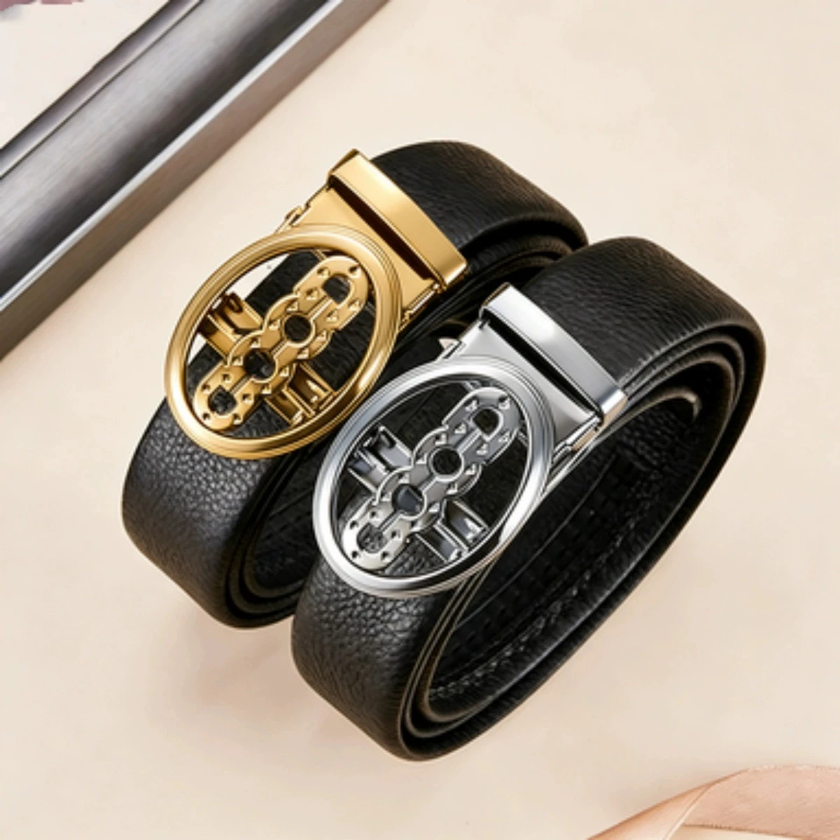 

Мужской ремень из натуральной кожи с автоматической пряжкой из сплава, люксовый дизайн Double G - дизайнерский поясной ремень для джинсов и повседневной одежды