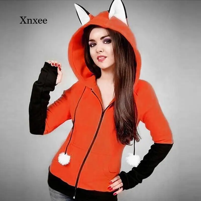 Winter Women's Clothing Hoodie Jacket Warm Orange Sweatshirt Hoodie Kawaii Long Sleeve Zip Hoodie Sweatshirt