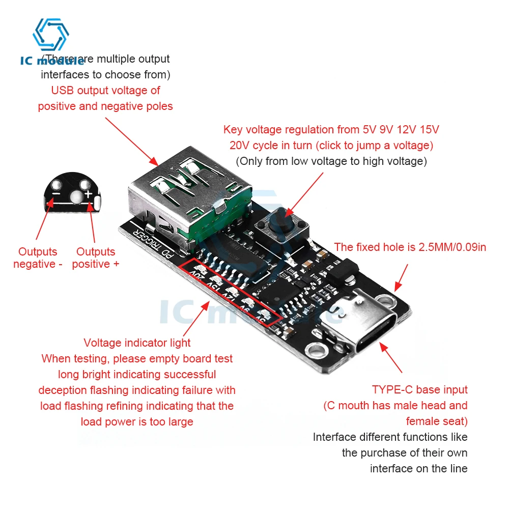 100W 5A USB Type-C PD/QC Decoy Trigger Board 5V 9V 12V 20V Output PD 2.0 3.0 Trigger Adapter Cable Connection Polling Detector