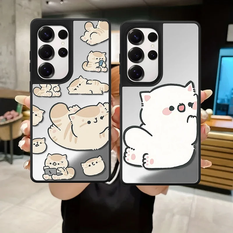 Cartoon Lying Cat Pattern Mirror Surface Magnetic Phone Cover for Samsung Galaxy S23 S24 S25 S26 Ultra S26+ Plus Case