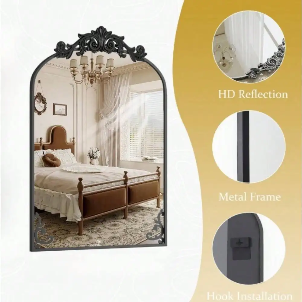 Arched Metal Framed with Carved Decoration Vanity Mirror Wall Mirror for Entryway, Bedroom Vanity, Living Room, Hallway Decor