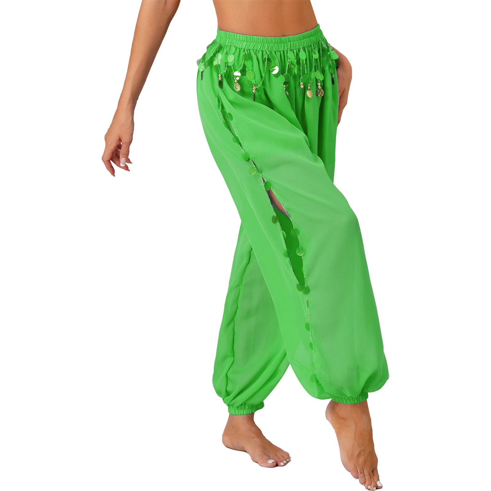 Womens Shiny Harun Pants for Belly Dancing Side Split Belly Dance Lantern Pants Sequins Bloomers Semi See-Though Loose Costume