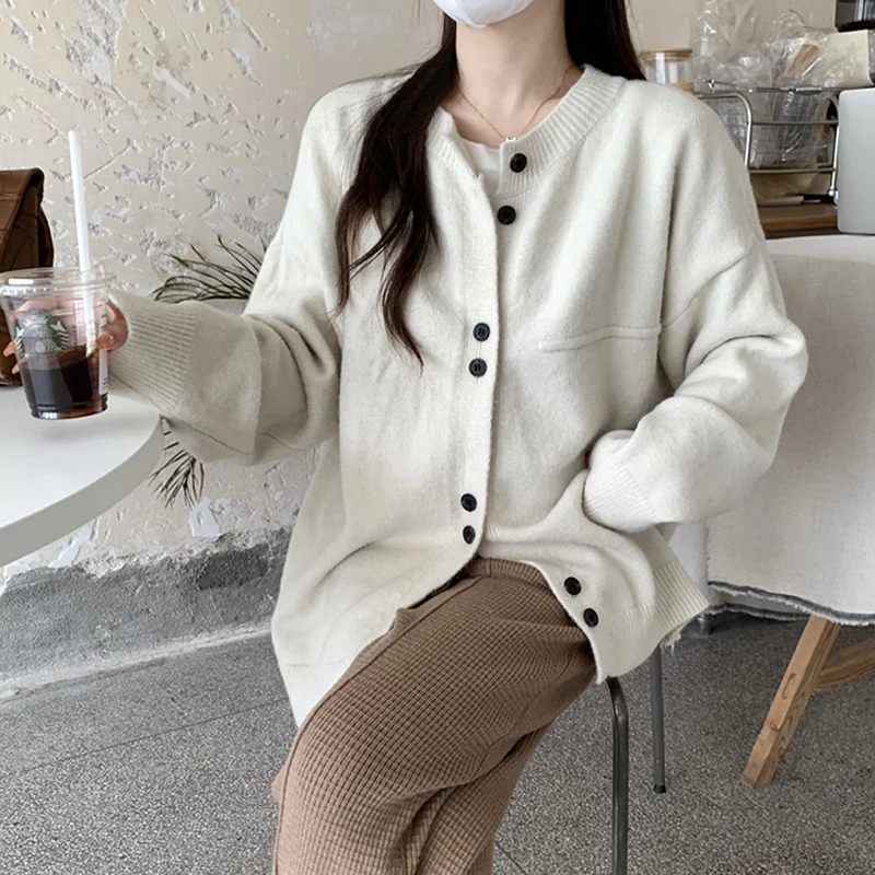 Vintage Grey Sweater Cardigan Women Korean Preppy Style Loose O Neck Knitted Jacket Autumn Sweet Casual All Match Female Coat