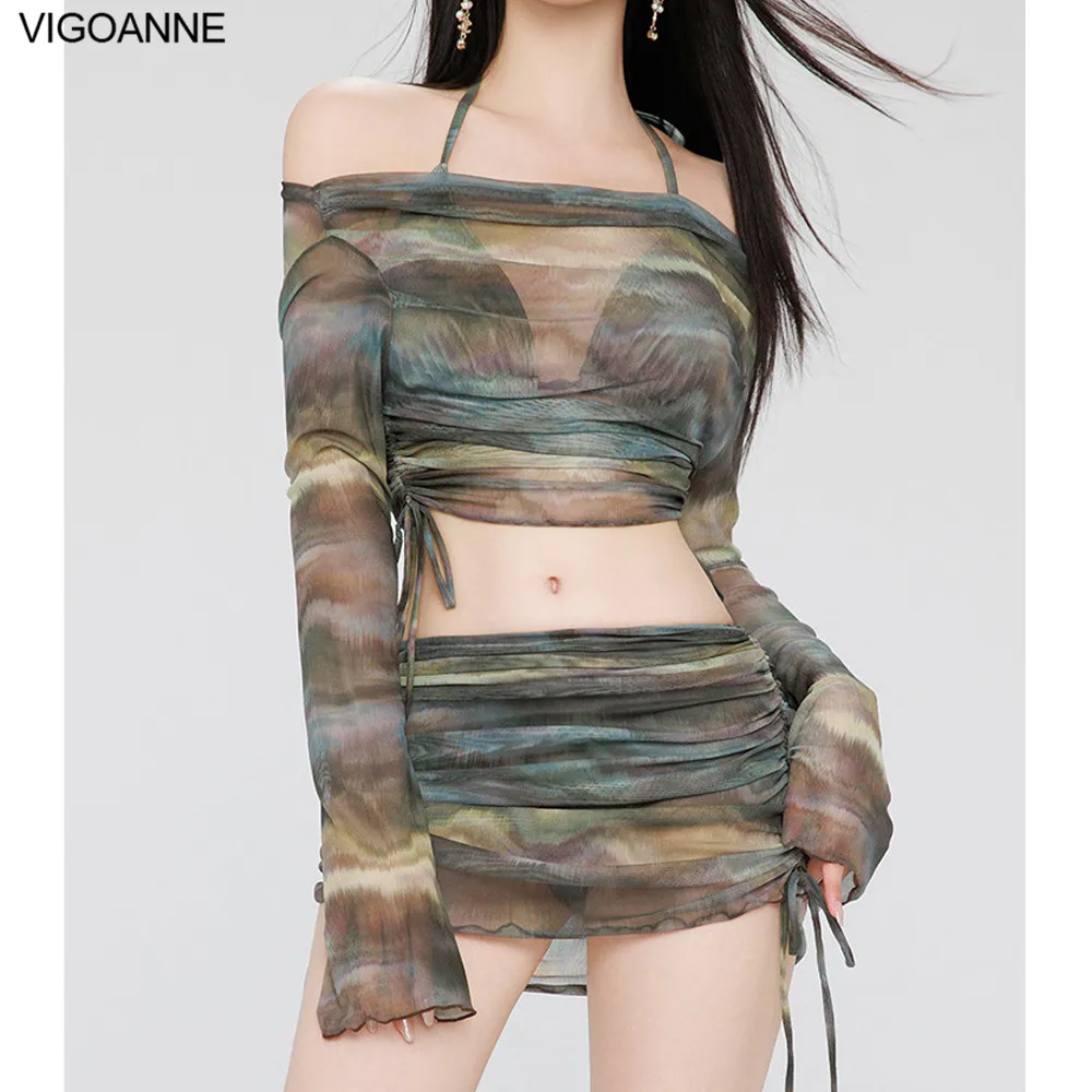 VigoAnne 2025 Print Sexy Swimwear Women Sexy 4-częściowy zestaw bikini Cove Up Koreański strój kąpielowy z wysoką talią Letni strój kąpielowy plażowy