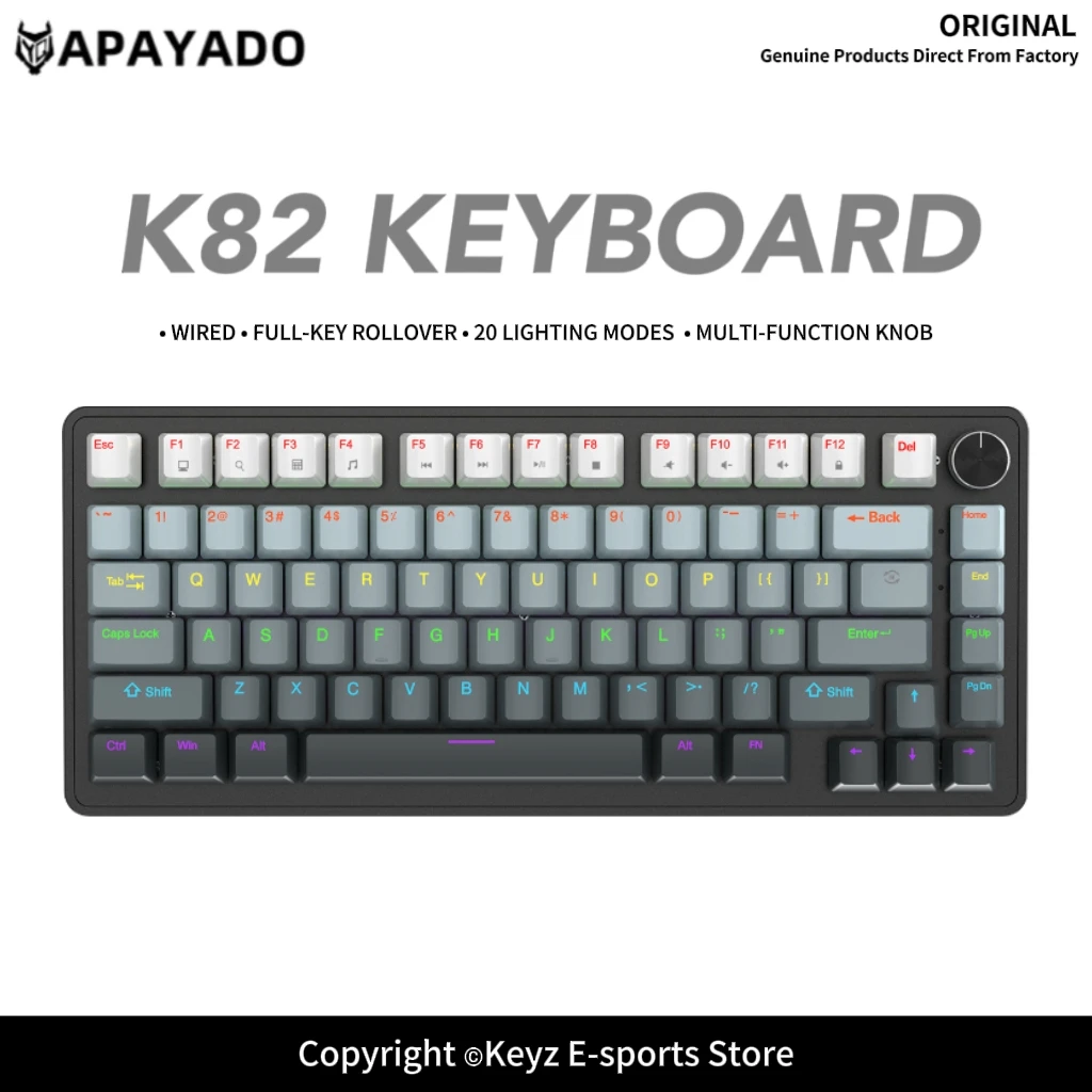 75% K82 Wired Mechanical Keyboard APAYADO Full Keys Hot-Swappable 20 RGB Modes Multi-Function Knob for Gaming