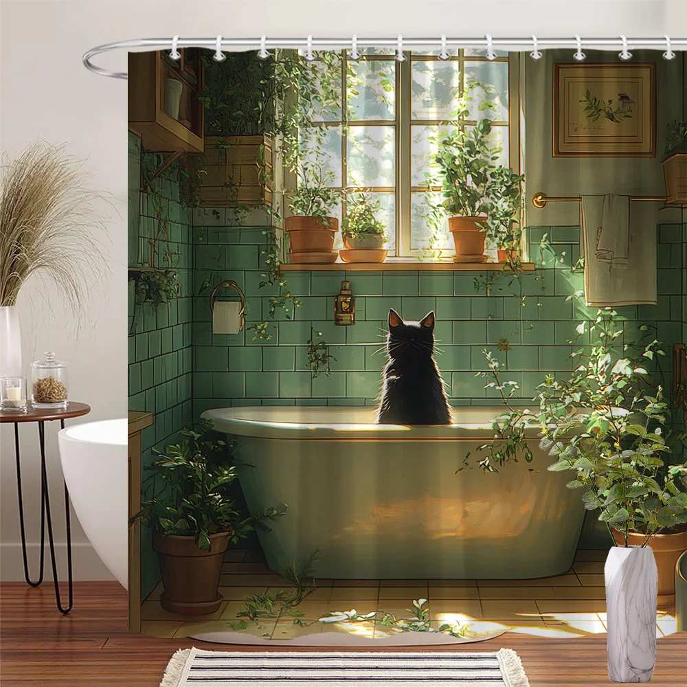 Black Cat in Sunlit Bathroom Shower Curtain - Vintage Green Bathtub, Large Window with Climbing Plants, Teal-Tiled Walls