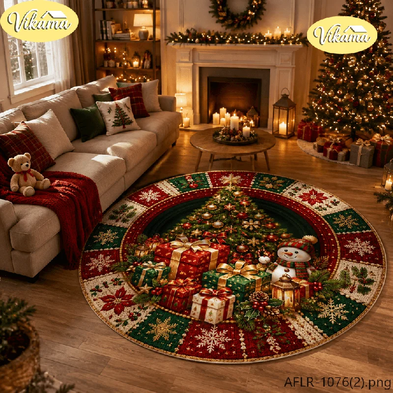 VIKAMA Round Christmas Rug Snowman Tree Gold Bells Gifts Print, Soft Plush Flannel Non-Slip Mat Living Room Holiday