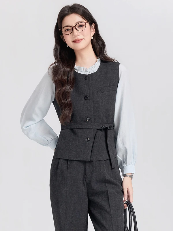 Business Commuter Style Women's Vest Set High Waist Wide Leg Pants Base Shirt Three Piece Suit Polyester Fiber Spandex