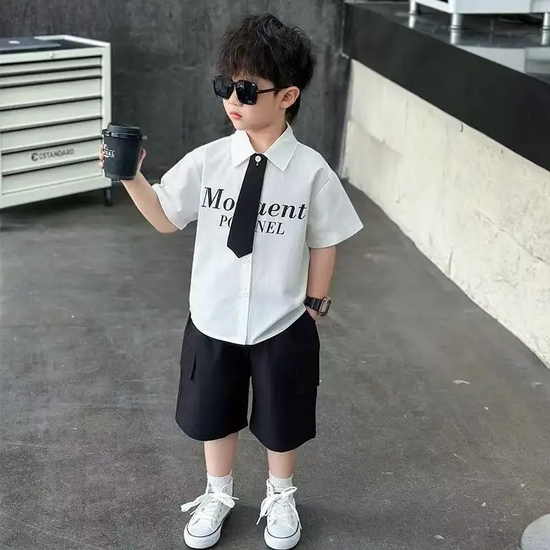 

Boys Summer Shirt Set New Children's White T-shirt Shorts 2-piece Set Little Boys Academy Style Short Sleeve Set