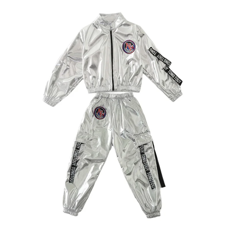 เสื้อแจ็กเก็ตสีเงินฮิปฮอปสำหรับเด็กผู้ชายเด็กผู้หญิงชุด ROK MINI เต้นรำแนวสตรีทแบบสตรีท celana joger แนวสตรีทแวร์สำหรับเด็ก