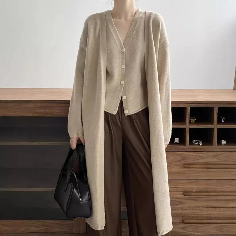 

2023 Korean Style Loose Mid-Length Knitted Cardigan Coat Women, New Autumn And Winter Small Size Vest Sweater Two-Piece Set