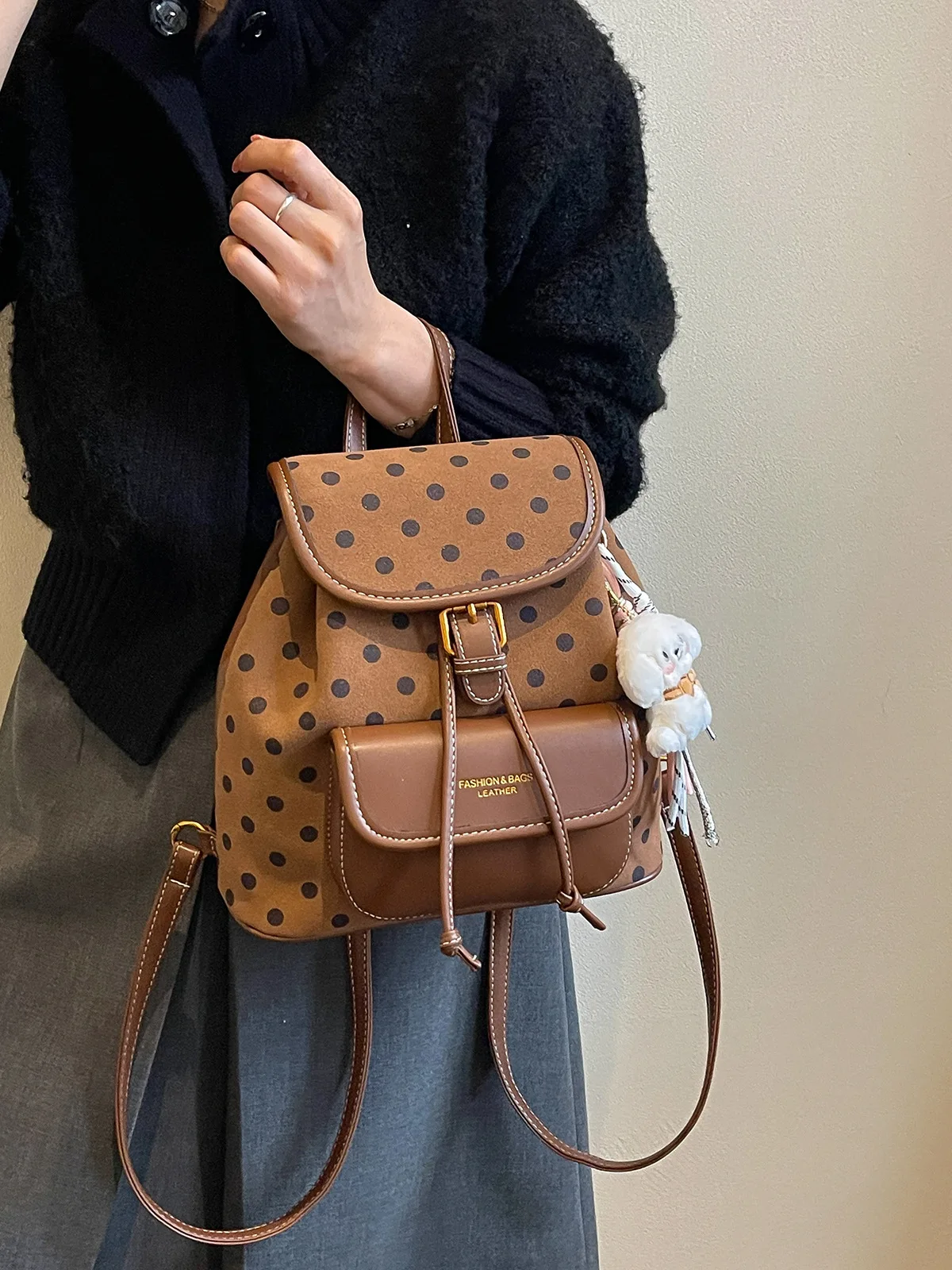 Multi Color Polka Dot Spliced Leather Backpack Vintage Drawstring Handbag Girls Commute Shopping Light Mini Rucksack