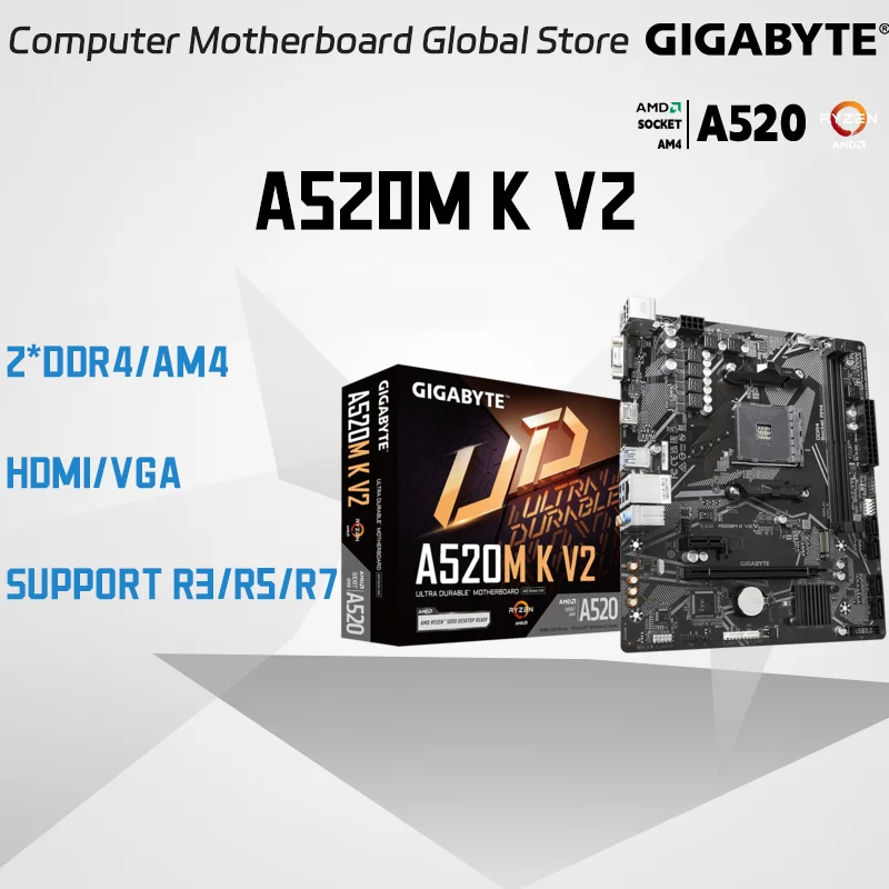 

GIGABYTE A520M K V2 New Micro-ATX A520 DDR4 5100(OC) MHz M.2 PCIe 3.0 AMD Ryzen 5000 Series AM4 Motherboard