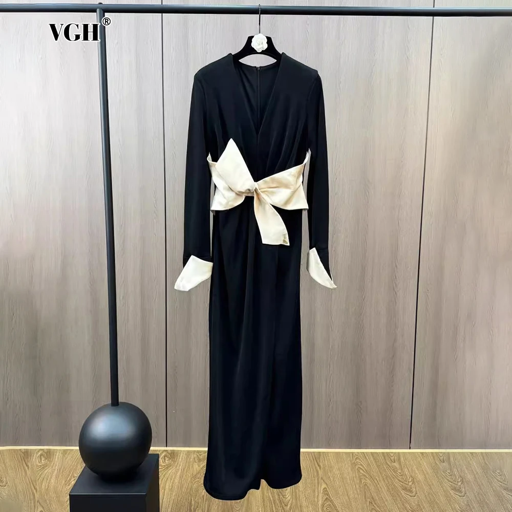 VGH Cocktail Party Evening Dresses For Women Deep Neck Long Sleeve High Waist Spliced Bowknot Pleated Split Dress Female Clothes