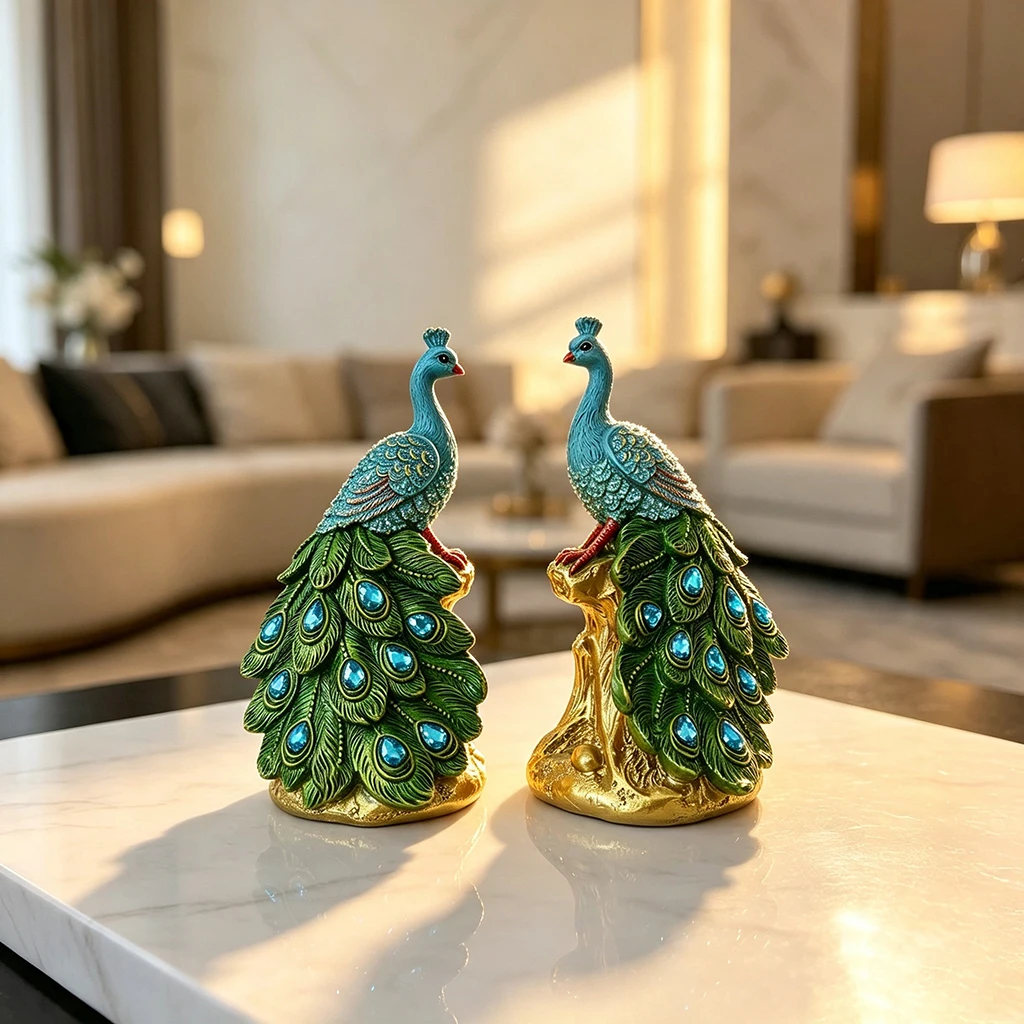 Elegant Peacock Statue Resin Animal Sculpture with Sparkling Crystal Tail Feather Decoration for Home Office Living Room Gift