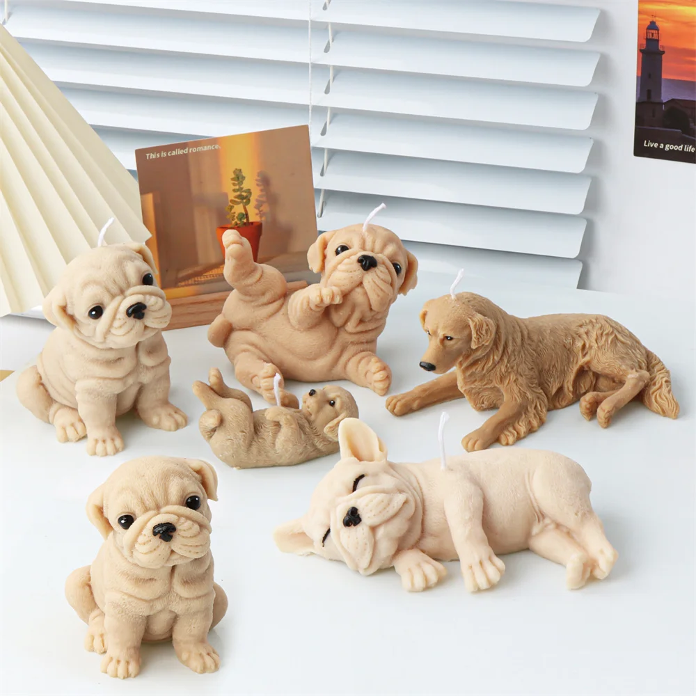 3D Dog Silicone Candle Molds Shar Pei Puppy Soap Chocolate Cake Baking Fondant Moulds Lying Golden Retriever Dog for Gift