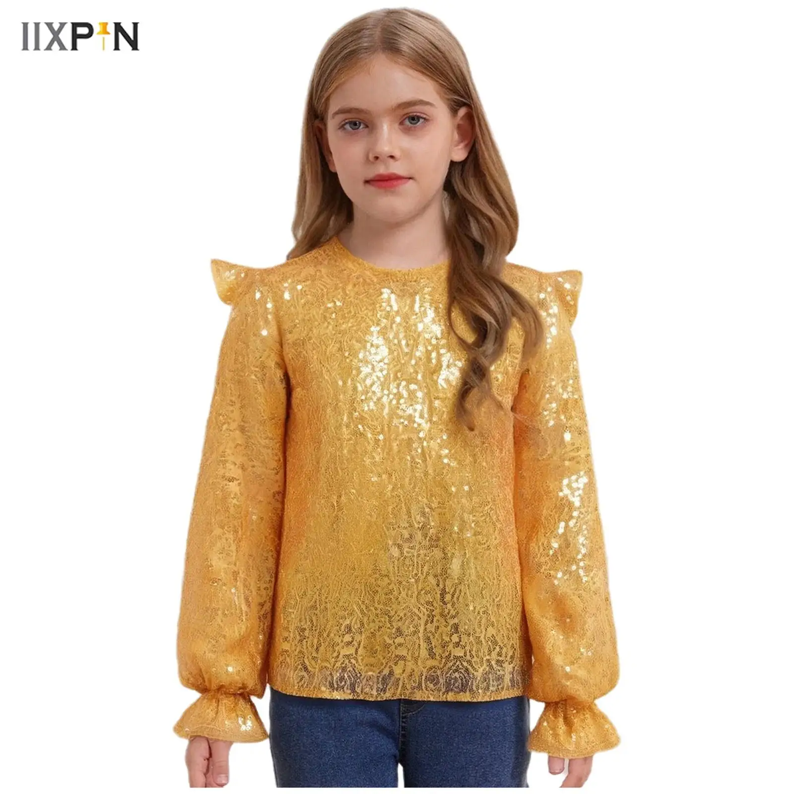 

Kids Girls Shirt Sparkling Sequins Pullover Top Ruffled Long Sleeves Glittery Blouse for Birthday Party Jazz Dance Performance