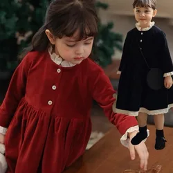 Girl's Golden Velvet Lace Dress Baby Autumn/Winter New Dress Children's Fashionable Princess Dress 2024 New Kid Dress