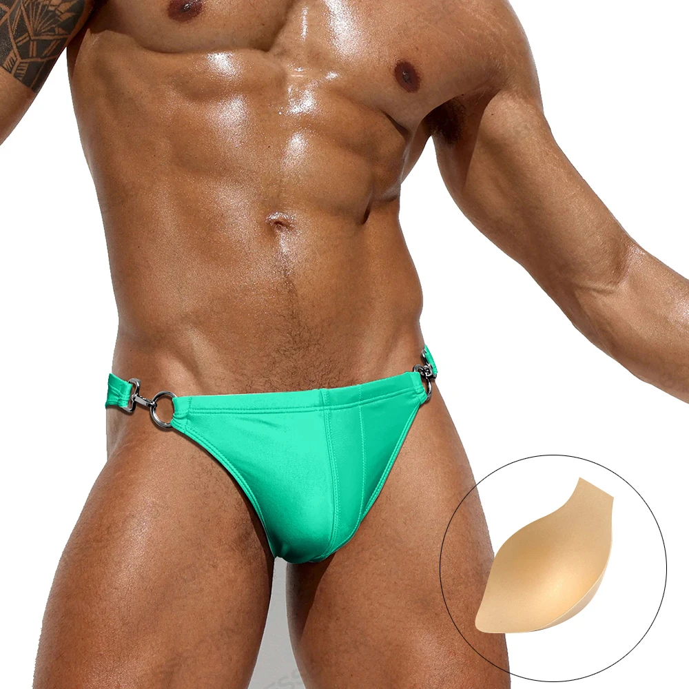 

Two Sides Metal Lock Swimwear Side Slit Mens Low Waist Bikini Swim Briefs Quick Release Pad Push Up Nylon Sport Bathing Suit