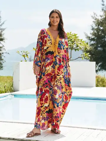 Women Print Beach Kaftan Dress Plus Size Batwing Sleeve Caftan Loungewear V-Neck Swimsuit Cover Up with Drawstring