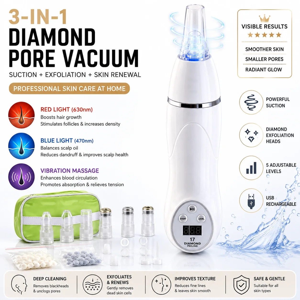 Blackhead Remover Vacuum Suction - Microdermabrasion au diamant, aspirateur pour éliminer