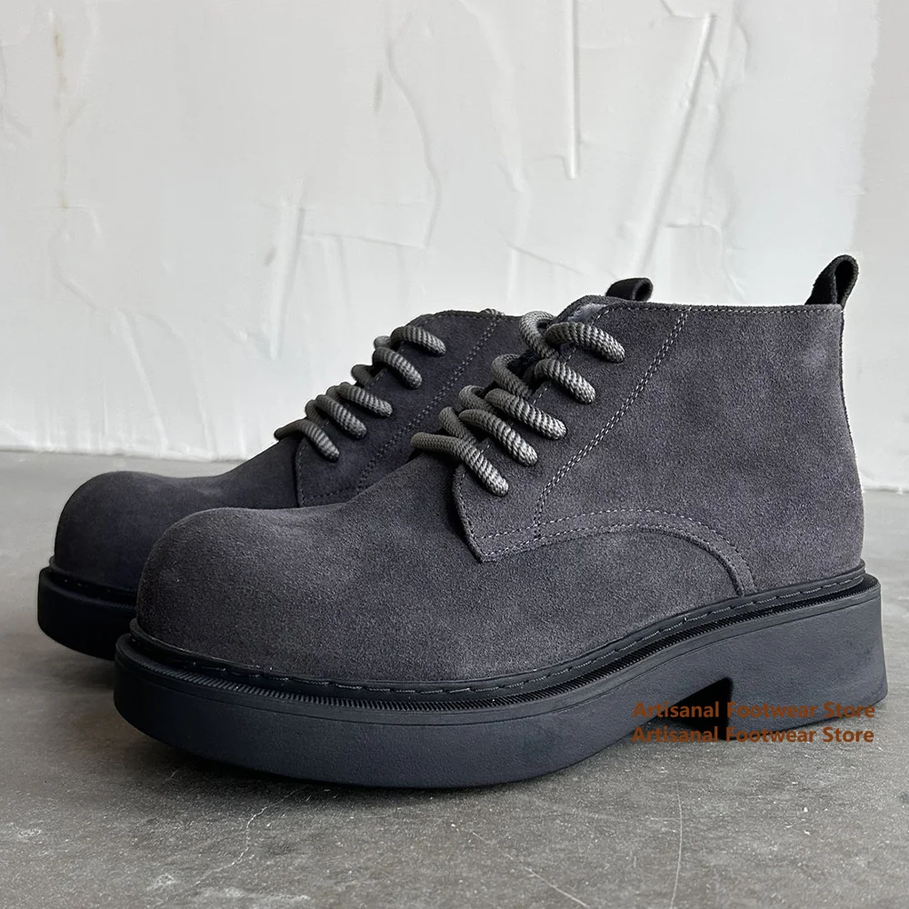 

Gray Suede Men's Boots Vintage Thick-Soled High-Top Boots Genuine Leather Round Toe Men's Shoes Trendy Handmade Men's Boots