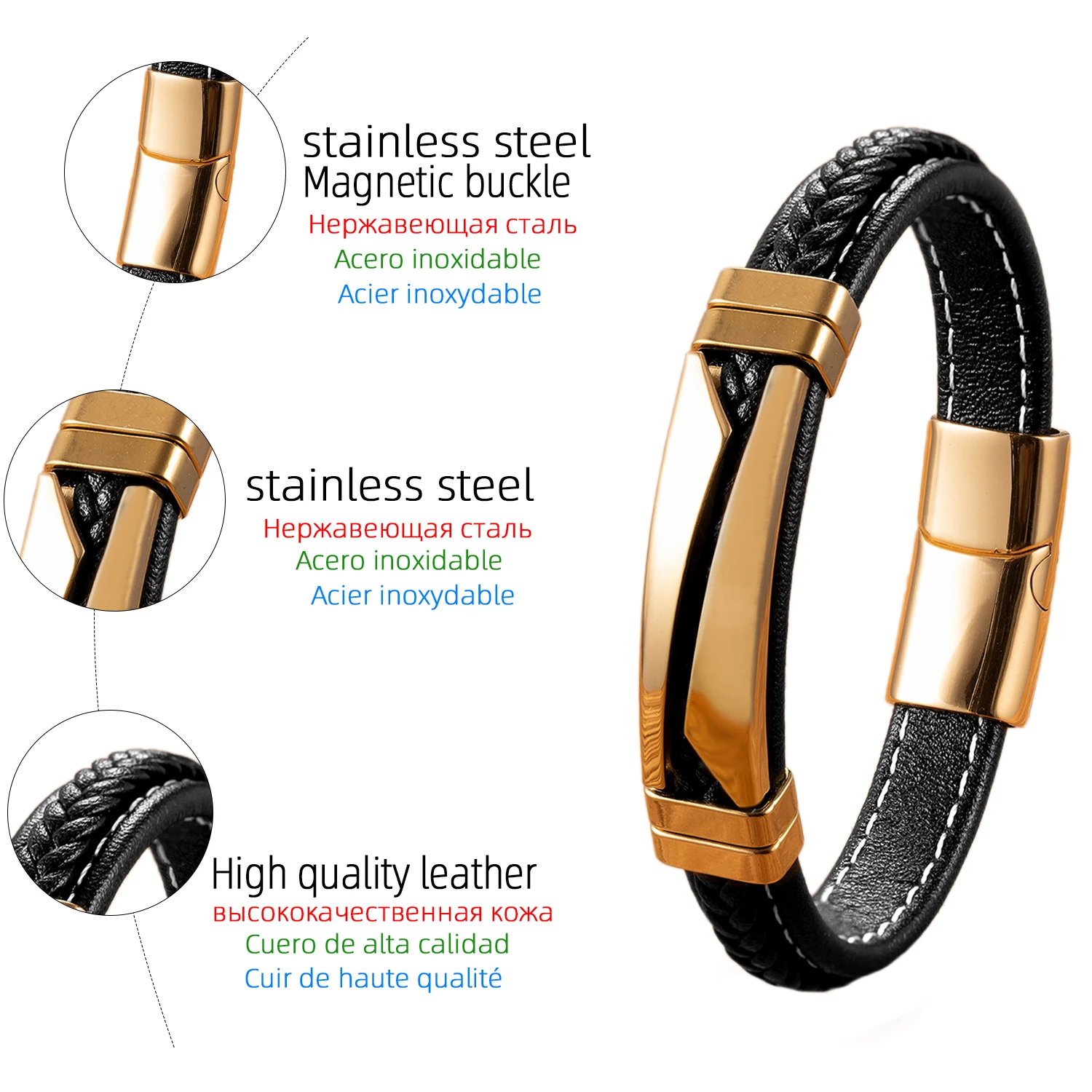 Edelstahlarmband mit Lederband, Unisex-Schmuck für Männer und Frauen, Alltagstaugliches Casual-Boho-Stil-Geschenk – Detail 7