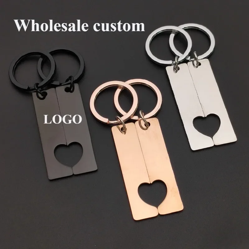 Custom Stainless Steel Heart Bar Puzzle Keychain for Couples Personalized Name Date Engraving Rose Gold Silver Key Ring Gift