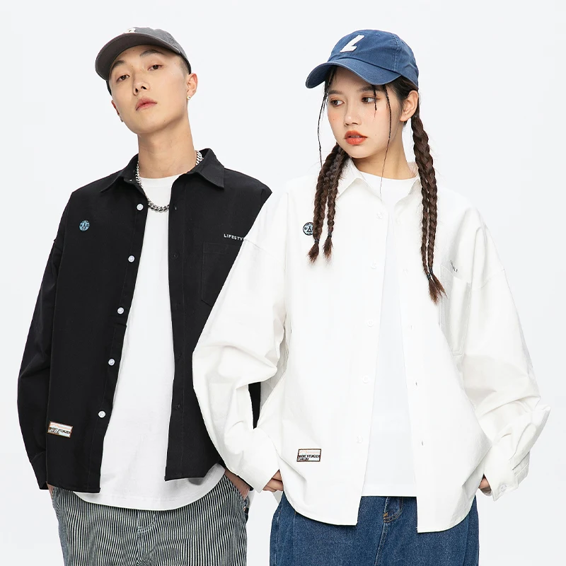 

2022 spring new ins men's street style hip-hop embroidery standard long-sleeved shirt cotton stretch white black shirt