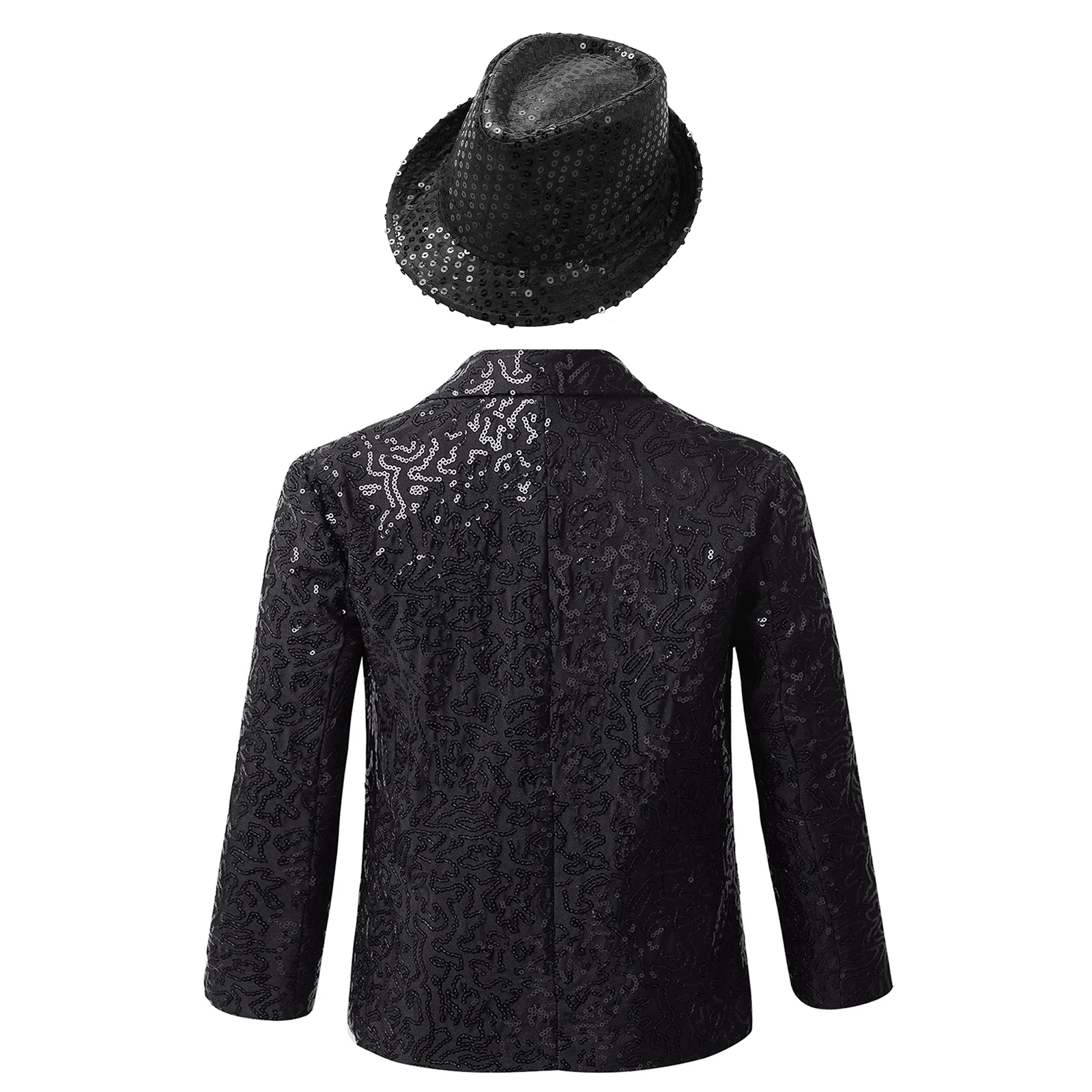 Kids Boys Shiny Sequins Dance Coat Lapel Single-breasted Tuxedo Suit Jacket with Fedora Hat for Performance Banquet Party