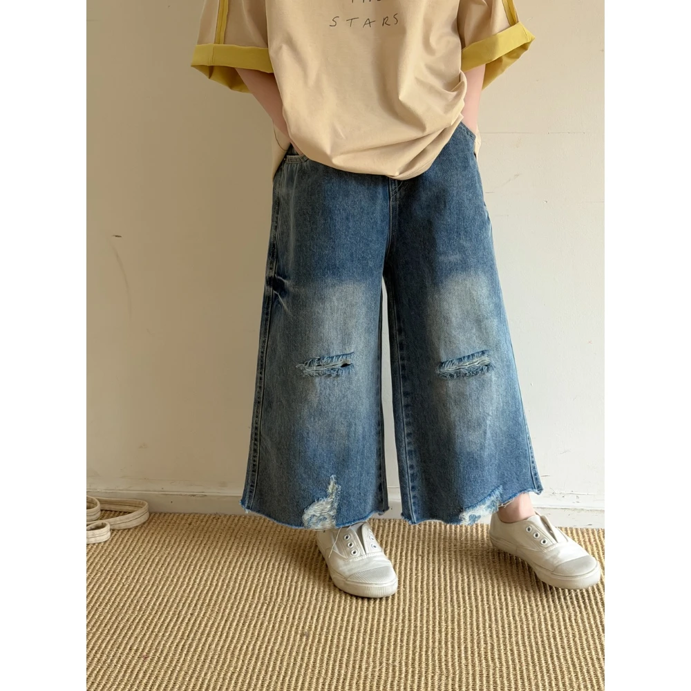 2026 Summer Kids Ripped Frayed Denim Jeans Unisex Boys Girls Ankle-Length Lightweight Breathable Stretch Jean Pants for Children