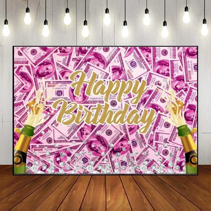 Custom Party Backdrop Wall Money Theme   Diamond Photography Champagne Decoration Happy Birthday Glitter Bill Banner Photo