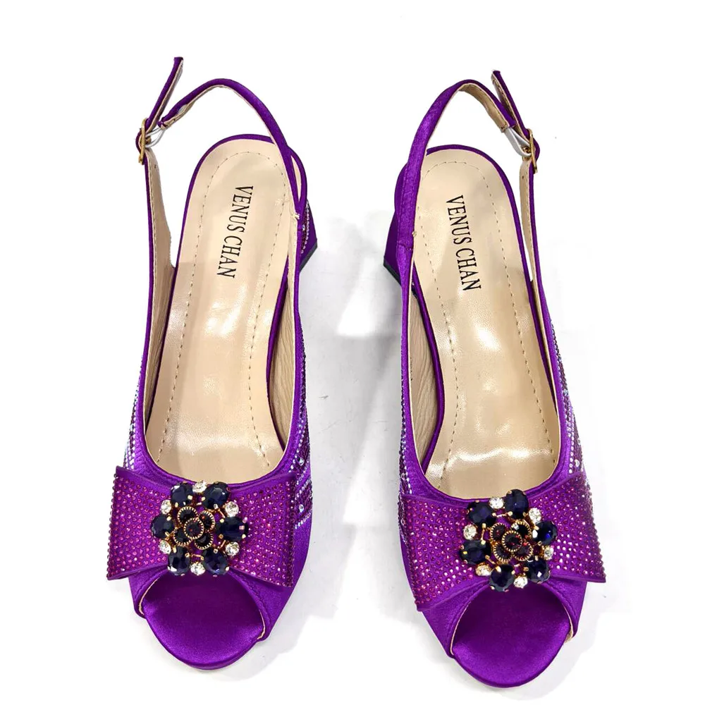 Spring New Purple Flower Decoration Rhinestone Embellishment Party Style High Heels African Women Shoes Bag