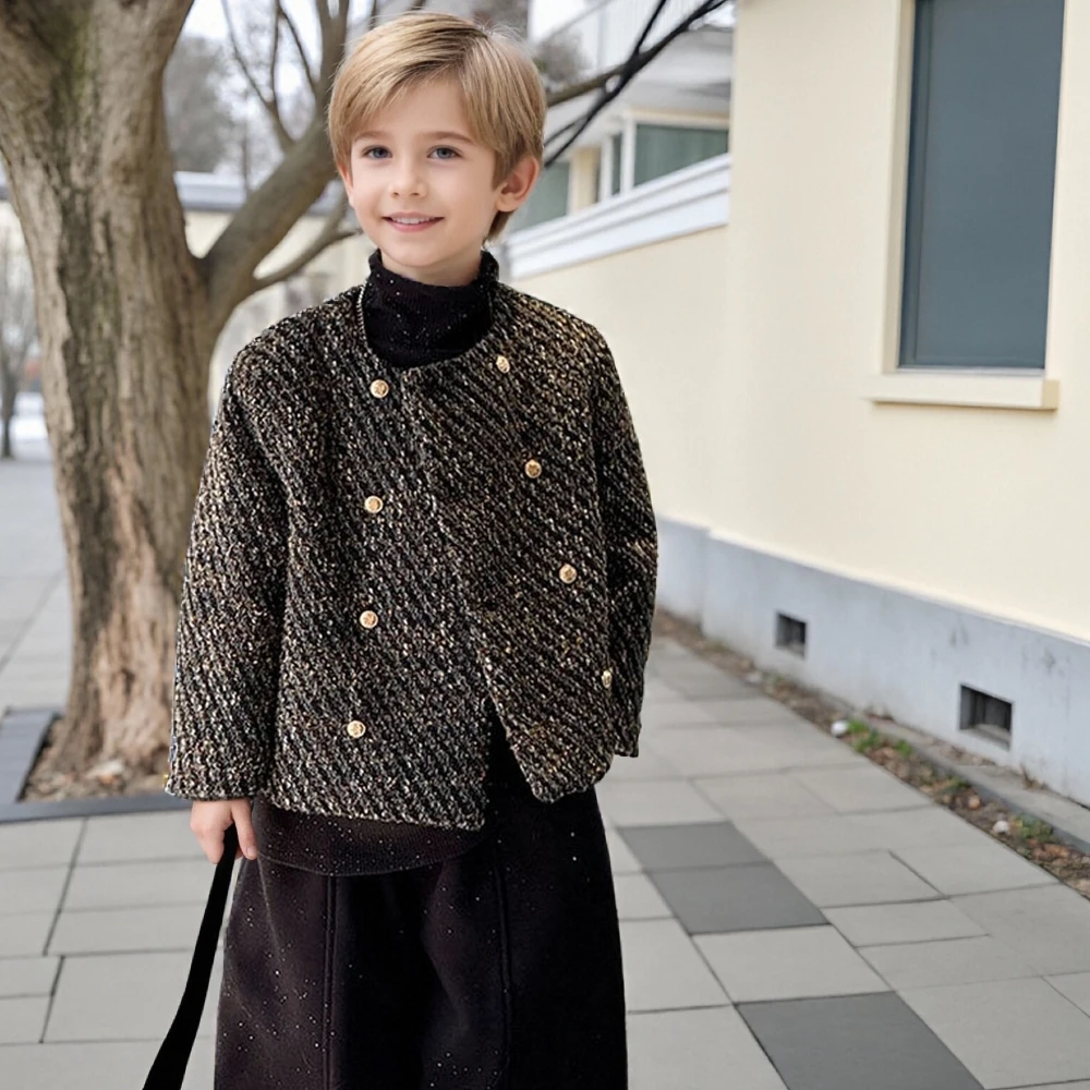 

Детский твидовый пиджак для подростков, модный двубортный черный золотой пиджак для мальчиков-подростков, зимний элегантный детский пиджак в стиле ретро, верхняя одежда для дня рождения
