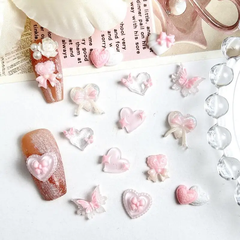 30 Uds. De dijes para decoración de uñas de doble corazón, mariposa, serie rosa, lazo translúcido luminoso, estrella de cuatro puntas, decoraciones de resina para uñas DIY