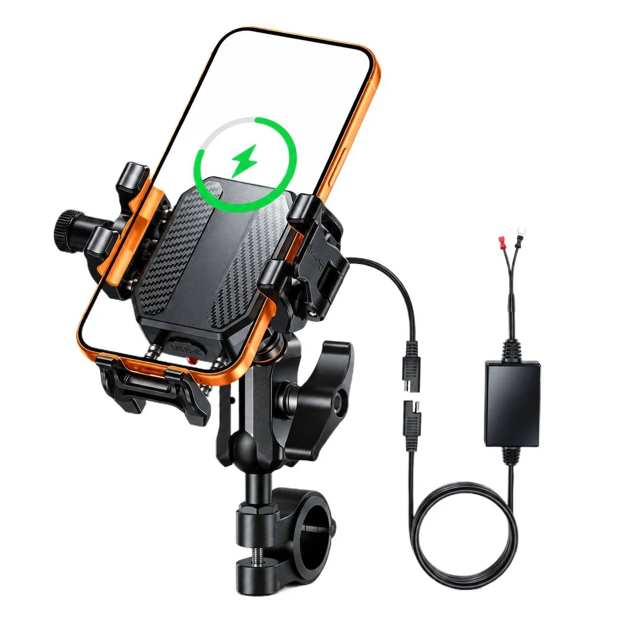 Motorcycle Phone Holder 15W Wireless Charger Aluminum Alloy 360° Adjustable Shock-Absorbing Handlebar GPS Mount with Lock