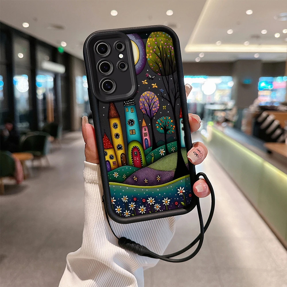 Hand Painted Forest House Illustration Phone Case for Samsung S24 S23 S22 S21 S20 Plus Soft Silicone TPU Cover with Hand Strap