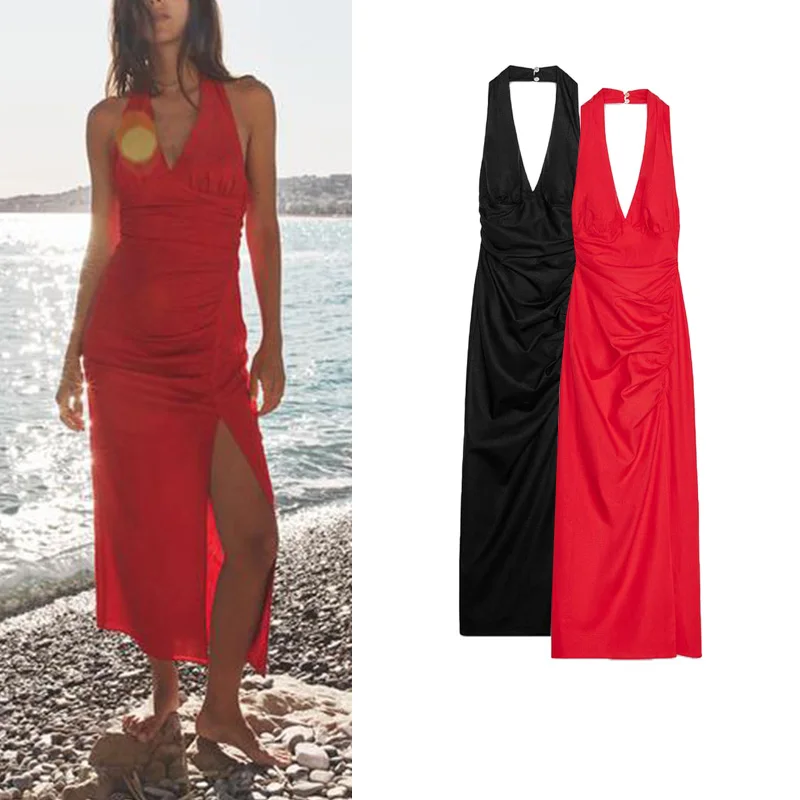 Vestido Midi Bodycon F de Verão em Fibra Mista com Gola ter, Saia Longa de Cintura Alta e Decote V Sem Mangas