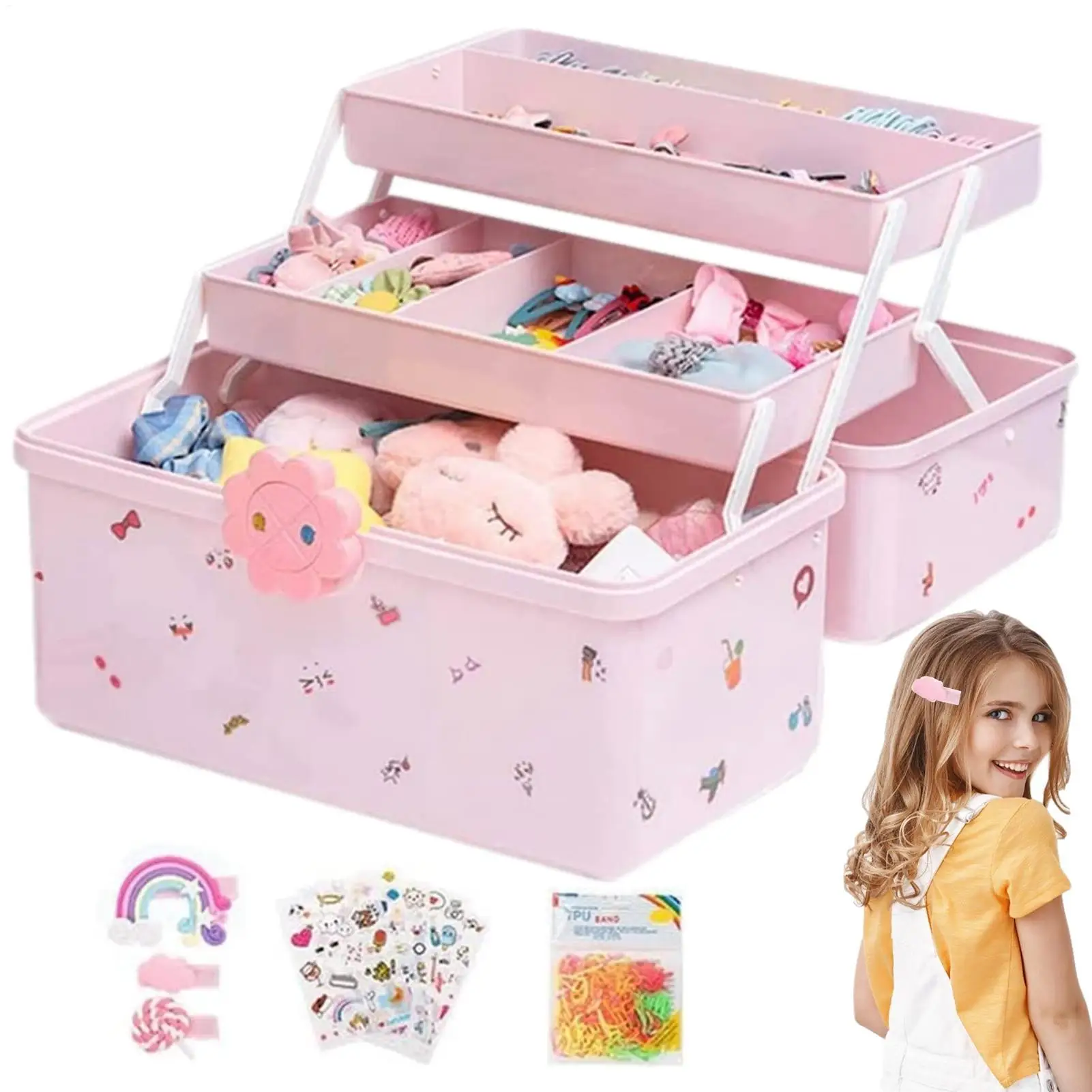 Girl Hair Accessories Organizer 3-layer Waterproof Kids Jewelry Box With 6 Stickers Hair Clip Storage Box For Girls Childs Home