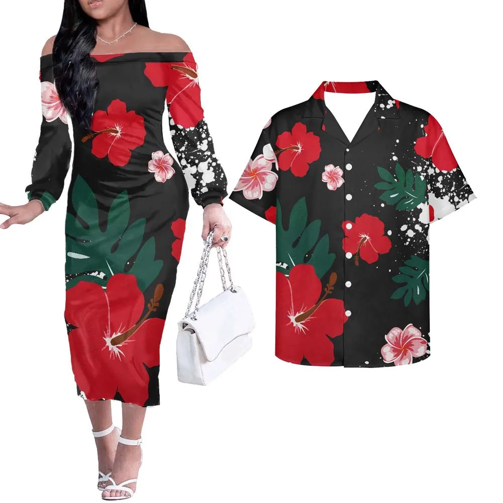 

HYCOOL Hibiscus Print Black Off Shoulder Dress Summer Long Sleeve Prom Bodycon Dress Casual Wedding Dresses For Women 2022 Bride