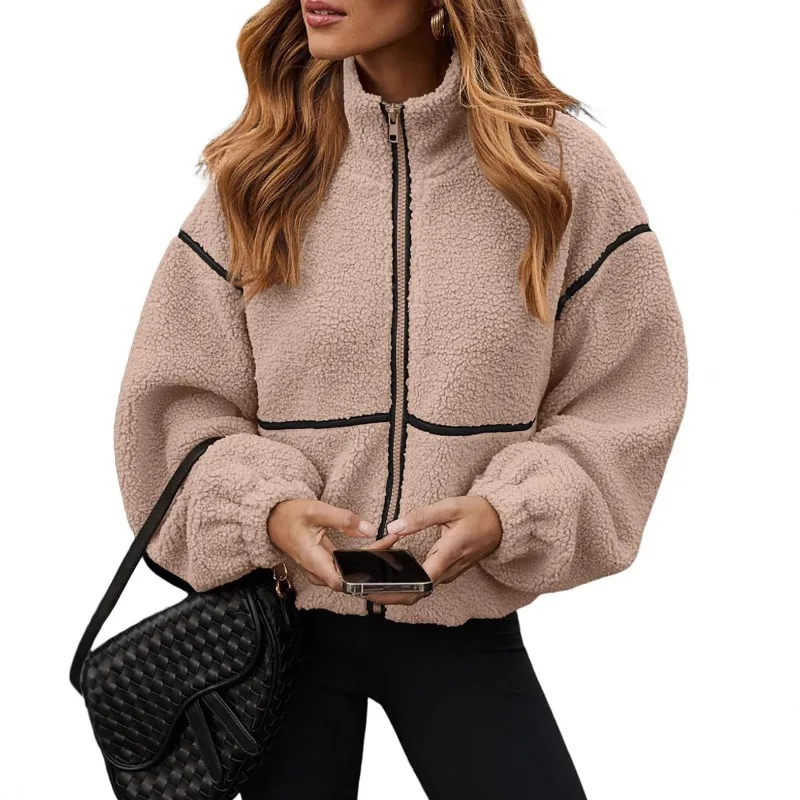 2025 Autumn and Winter Lamb Wool Coat Contrasting Color Stand-up Collar Casual Versatile Woolen Coat